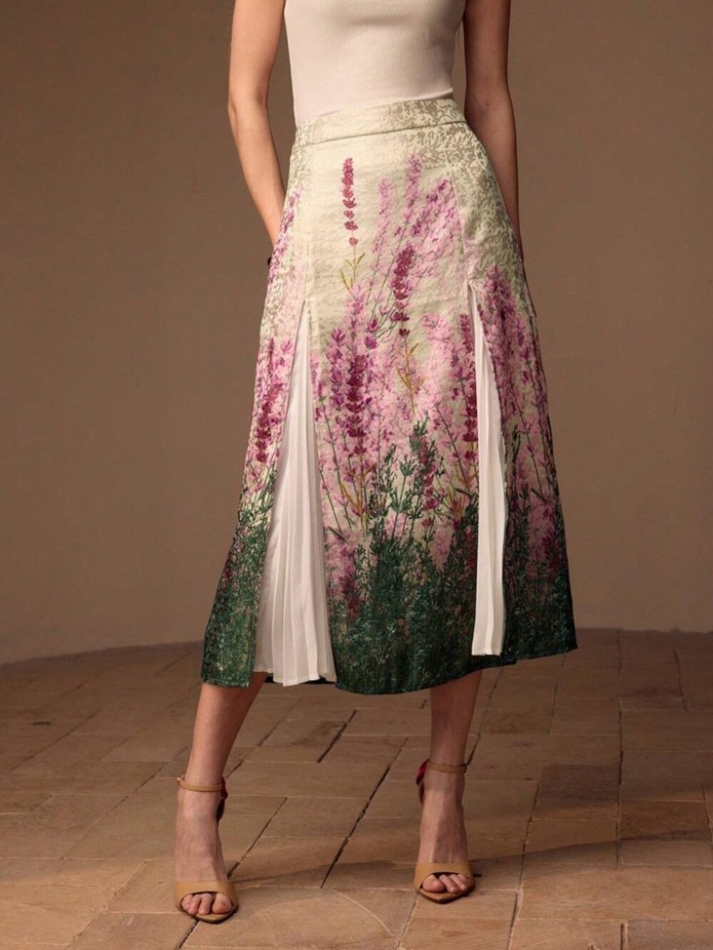 Cream Floral Print A-Line Midi Skirt with Pleated Inset Godet Panels